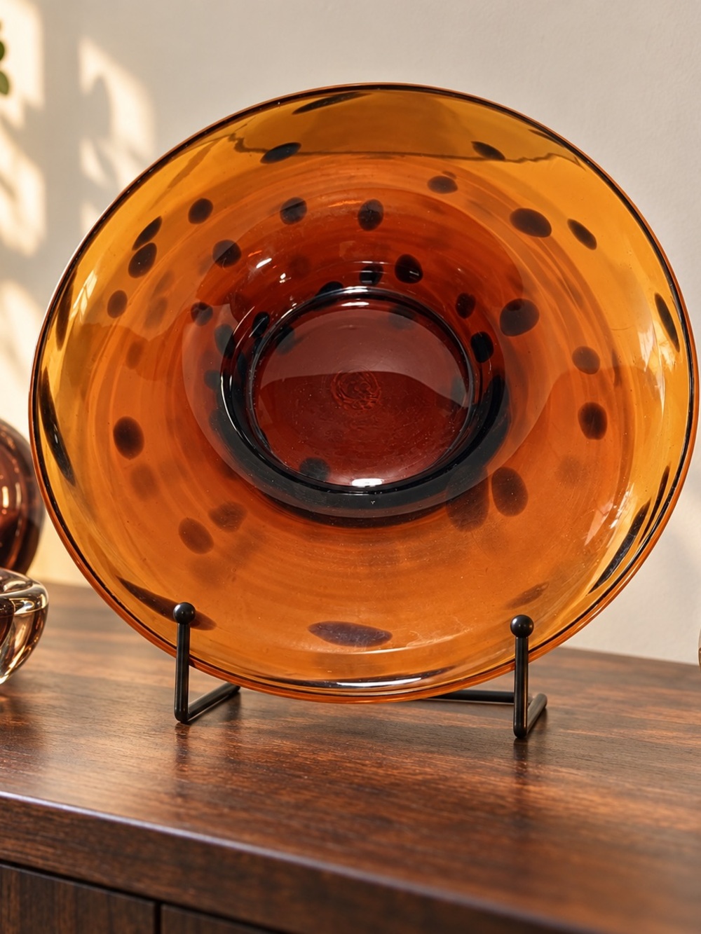 Hand Blown Amber Spotted Art Glass Bowl 13” Murano Styl